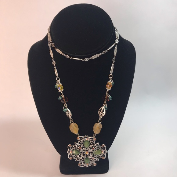 Chico's Silver Tone Green Yellow Tan Amber Stone Emblem Statement Necklace - Picture 10 of 12